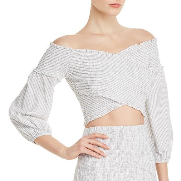 Guess Trixie White Stripe Smocked Off Shoulder Wrap Cross Long Sleeve Crop Top - Picture 9 of 9